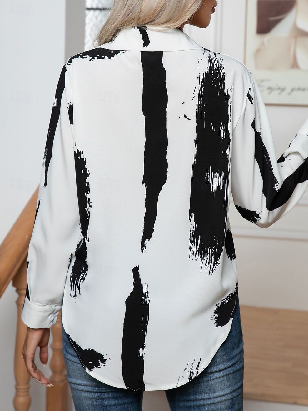 Pentru femei Cămașă Bluză Geometric Zilnic Modern Casual Manșon Lung Guler Cămașă Topuri obișnuite Muncă Zilnic Nasturi Negru Alb Vară Primăvară 2025 - $21.99 –P2