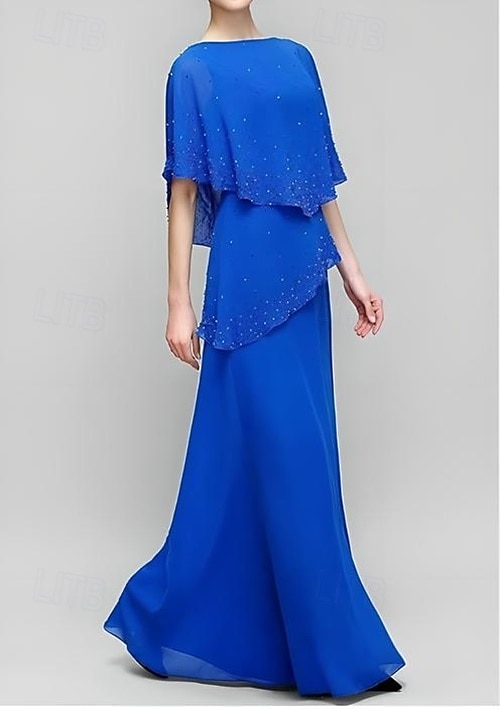 Abito A-Line Madre della Sposa Elegante Semplice Collo Giro Lunghezza Piena Chiffon Maniche Mezze con Ruches in Pizzo del 2025 a $141.99 –P3