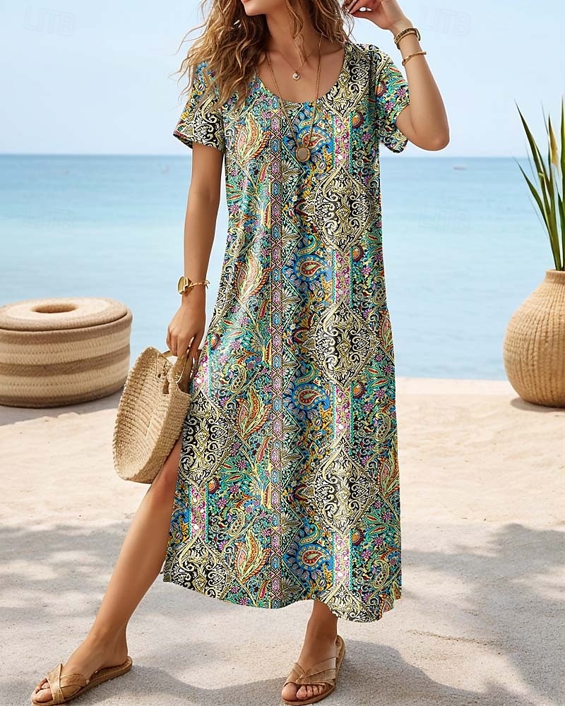Kvinnors Maxi Klänning Casual Klänning T Shirt Klänning Tee Klänning Sundress Bohemia Date Regular Fit Geometrisk Paisley Kort Ärmar Crew Neck Grön Sommar 2025 - $23.99 –P1
