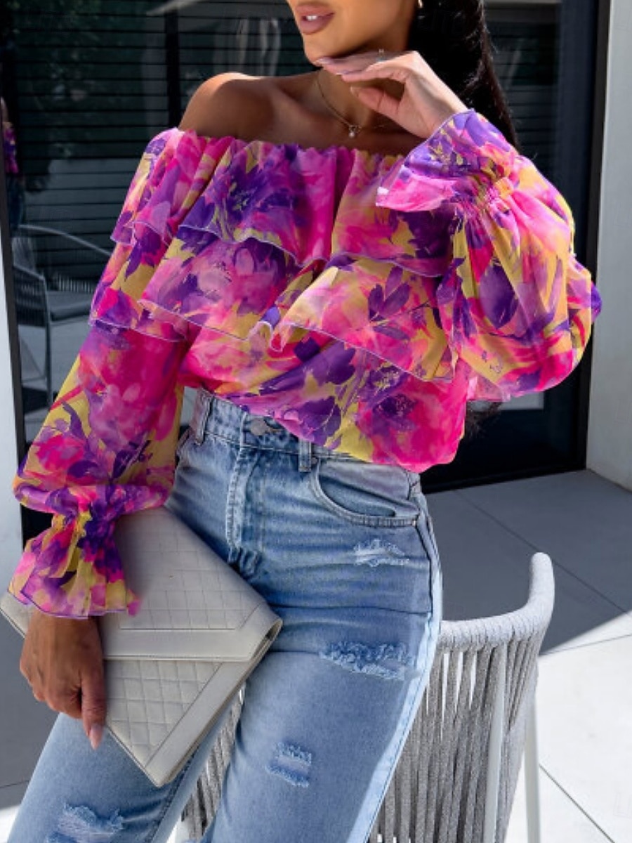 Per donna Camicia Blusa Floreale A foglia Moda Informale Manica lunga Senza spalline Top regolari Giornaliero Con balze Stampa Giallo Rosa Viola Verde Estate Primavera del 2025 a $27.99 –P1