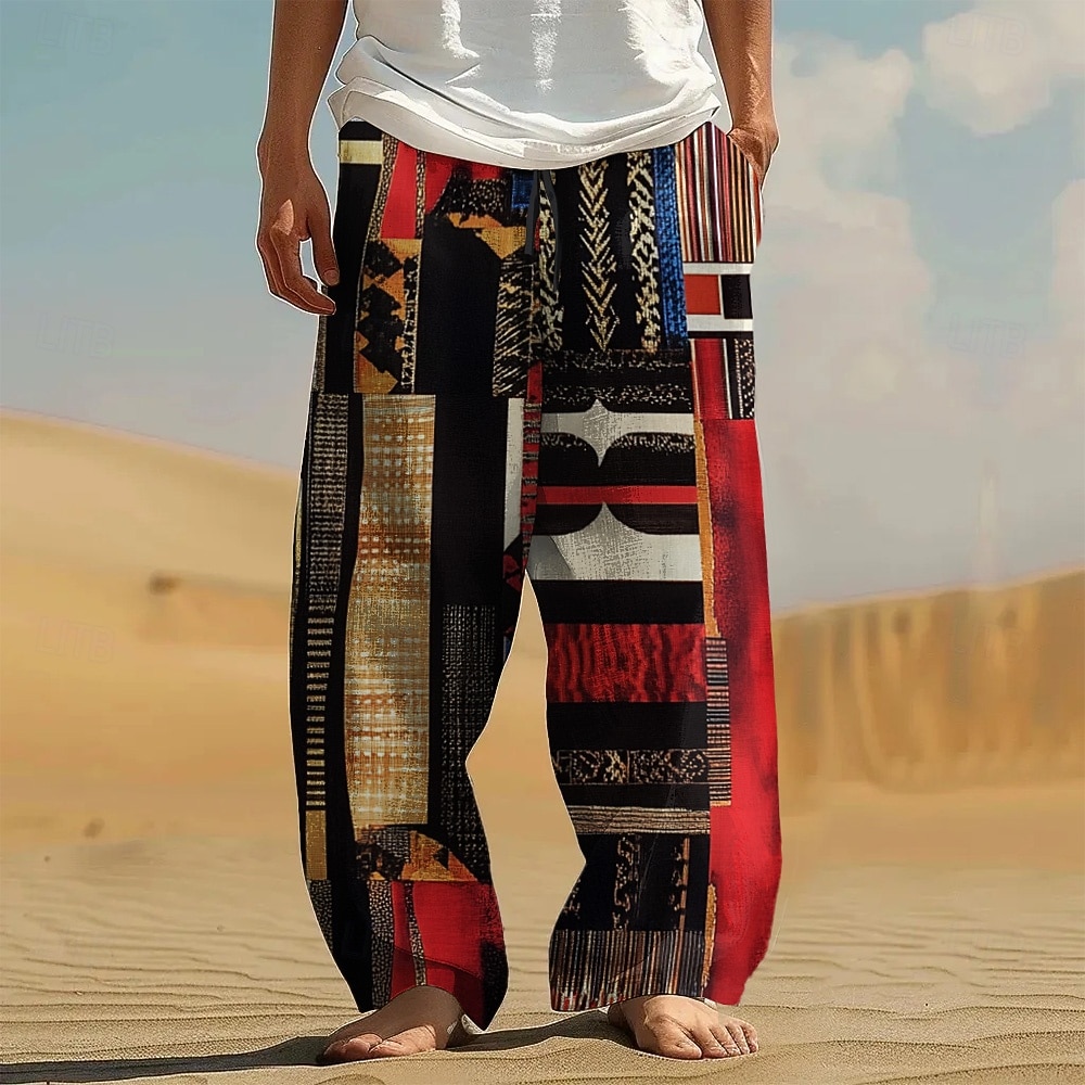 Herren Farbblock Patchwork Geometrisches Muster Hose Freizeithose Kordelzug Elastischer Bund Hawaiianisch Ethnisch Vintage-Retro Outdoor Streetwear Urlaub Seitentaschen Gerade Hosen Sommer Frühling 2026 - $27.99 –P1