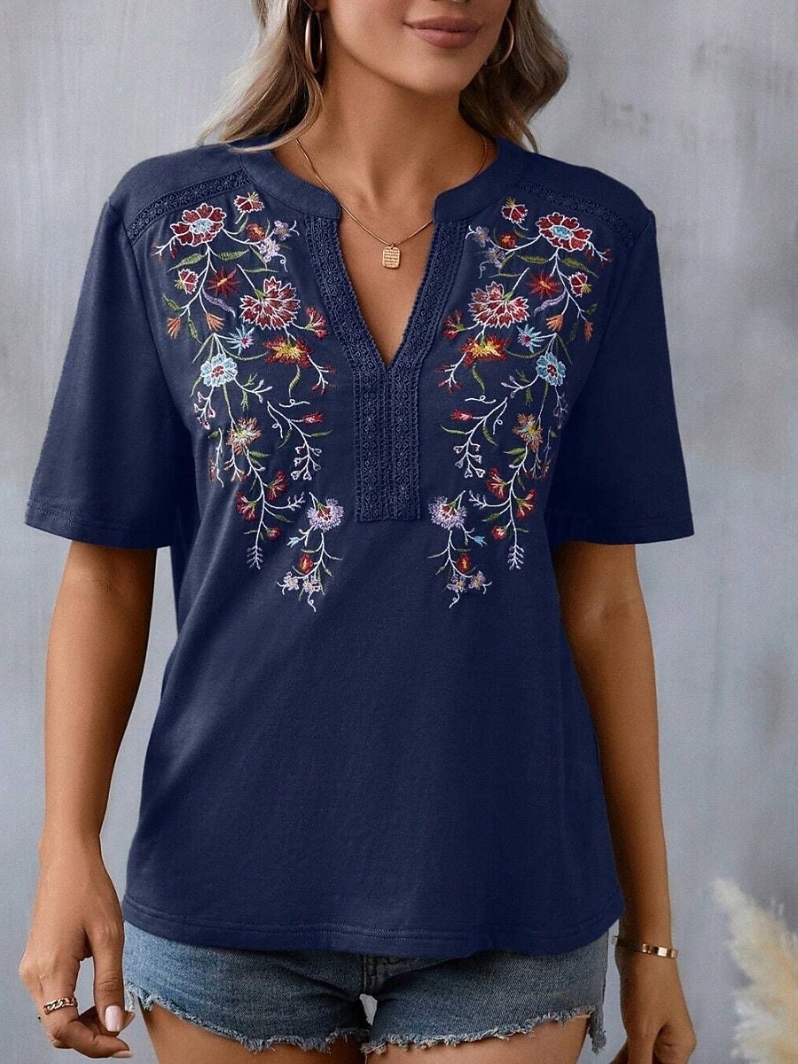 Women's Shirt Blouse Floral Stylish Casual Short Sleeve Notched Neck Regular Tops Daily Embroidered Army Green Navy Blue Summer 2025 - $32.99 –P1
