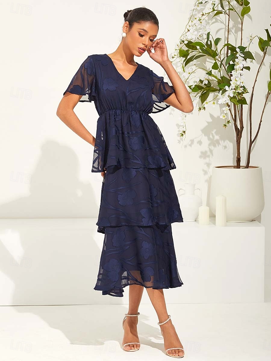 Damen Maxidress A Linie Kleid Elegant Ausgefallene Flattrige Ärmel kleid hochzeitsgast Cocktailparty Regular Fit Glatt Kurzarm V Ausschnitt Dunkelblau Sommer 2025 - $59.99 –P2