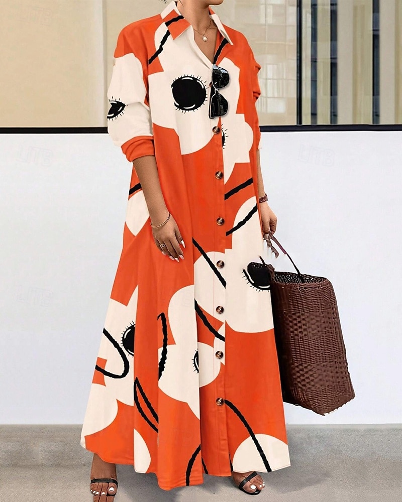 Women's Long Dress Maxi Dress Shirt Dress Casual Dress Summer Dress Stylish Casual Vacation Daily Date Regular Fit Floral Graphic Long Sleeve Lapel Black And White Black Blue Orange Summer Spring 2025 - $26.99 –P1