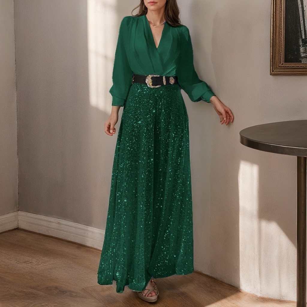 Jumpsuits Mother of the Bride  Formal Elegant V Neck Floor Length Sequined Long Sleeve with Sequin Solid Color 2025 2025 - $120.99 –P1