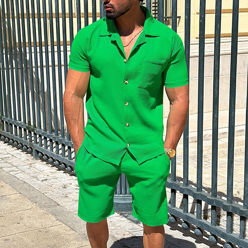 Homme Deux pièces Ensemble Chemise Ensemble été Et Set Uni Quotidien Vacances Sortir Col Manche Courte Pantalon Court Été Mode Occasionnel Confortable Vêtement Tenue de 2026 ? $41.99 –P9