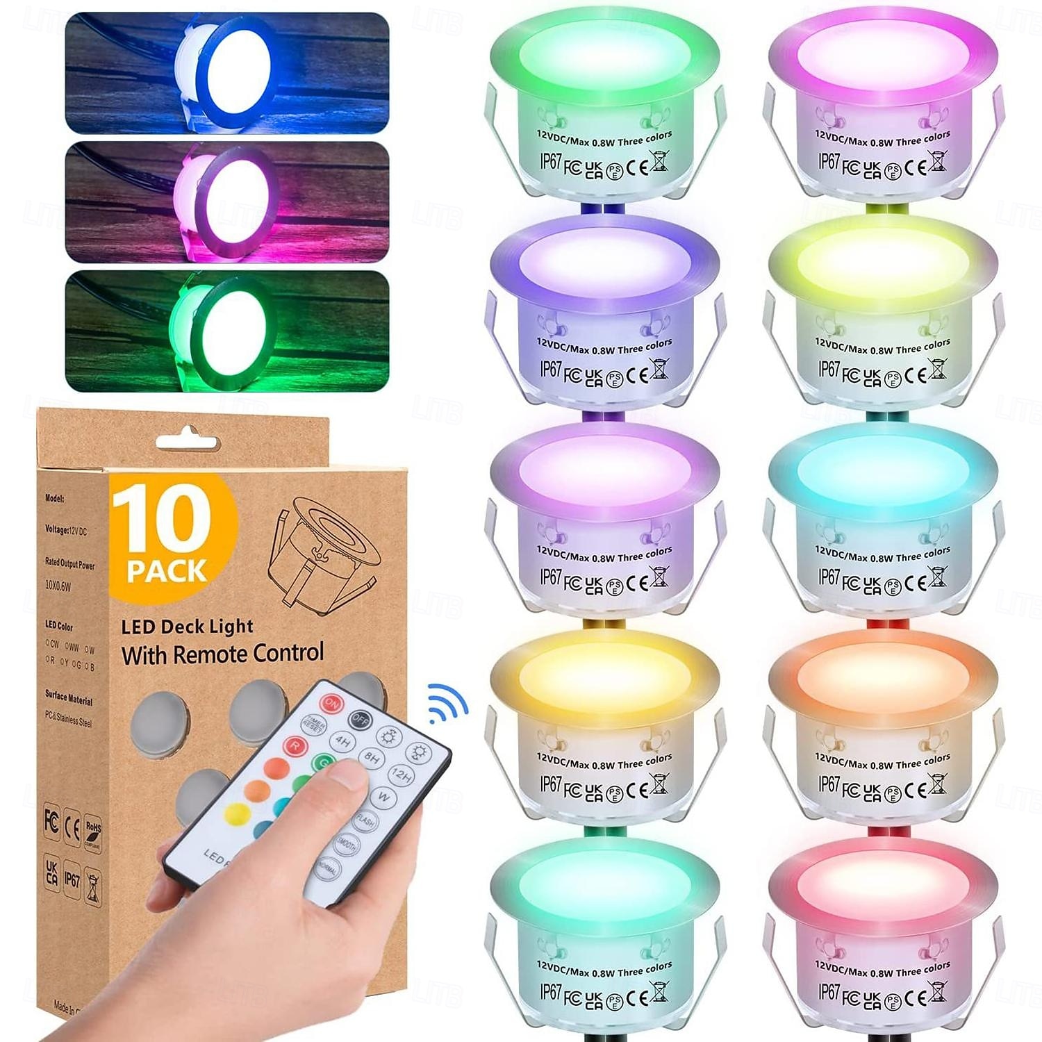 Recessed LED Deck Light 16 RGB Colors/4 Lighting Modes Timing RF Remote Control IP67 Waterproof LED in Ground Lights for Outdoor Yard Garden Stair Patio Pool Deck Kitchen 10Pack 2025 - $146.99 –P1