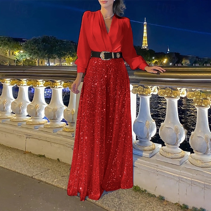 Jumpsuits Mother of the Bride  Formal Elegant V Neck Floor Length Sequined Long Sleeve with Sequin Solid Color 2025 2025 - $120.99 –P7