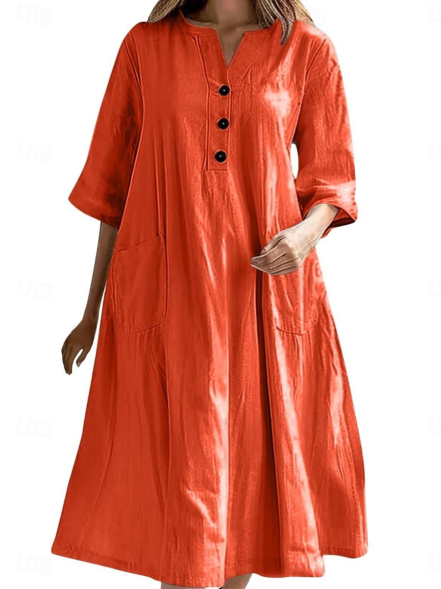 Women's Midi Dress Cotton Linen Dresses Basic Casual Vacation Daily Regular Fit Plain 3/4 Length Sleeve Notched Neck Black Red Purple Light Blue Summer 2025 - $22.99 –P13