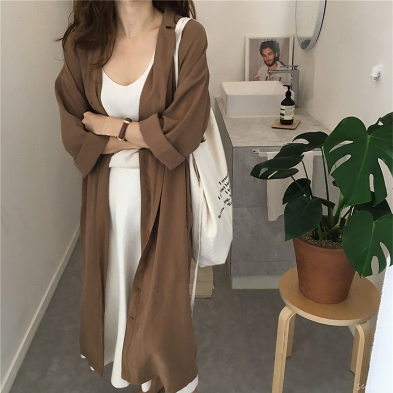 női hosszú ruha maxi ruha ing ruha alkalmi ruha stílusos alkalmi vakáció napi randevú sima hosszú ujjú hajtóka sötétkék barna zöld nyár tavasz 2025 - $26.99 –P2