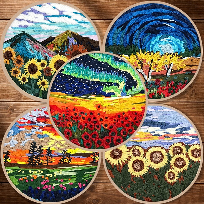 2025年 大人の初心者向け刺繍スターターキット、風景、木、山、川、花、自然の風景のパターン、手刺繍セット、DIYクロスステッチキット、フープ、針、糸付き  コレクション – $9.99 –P1
