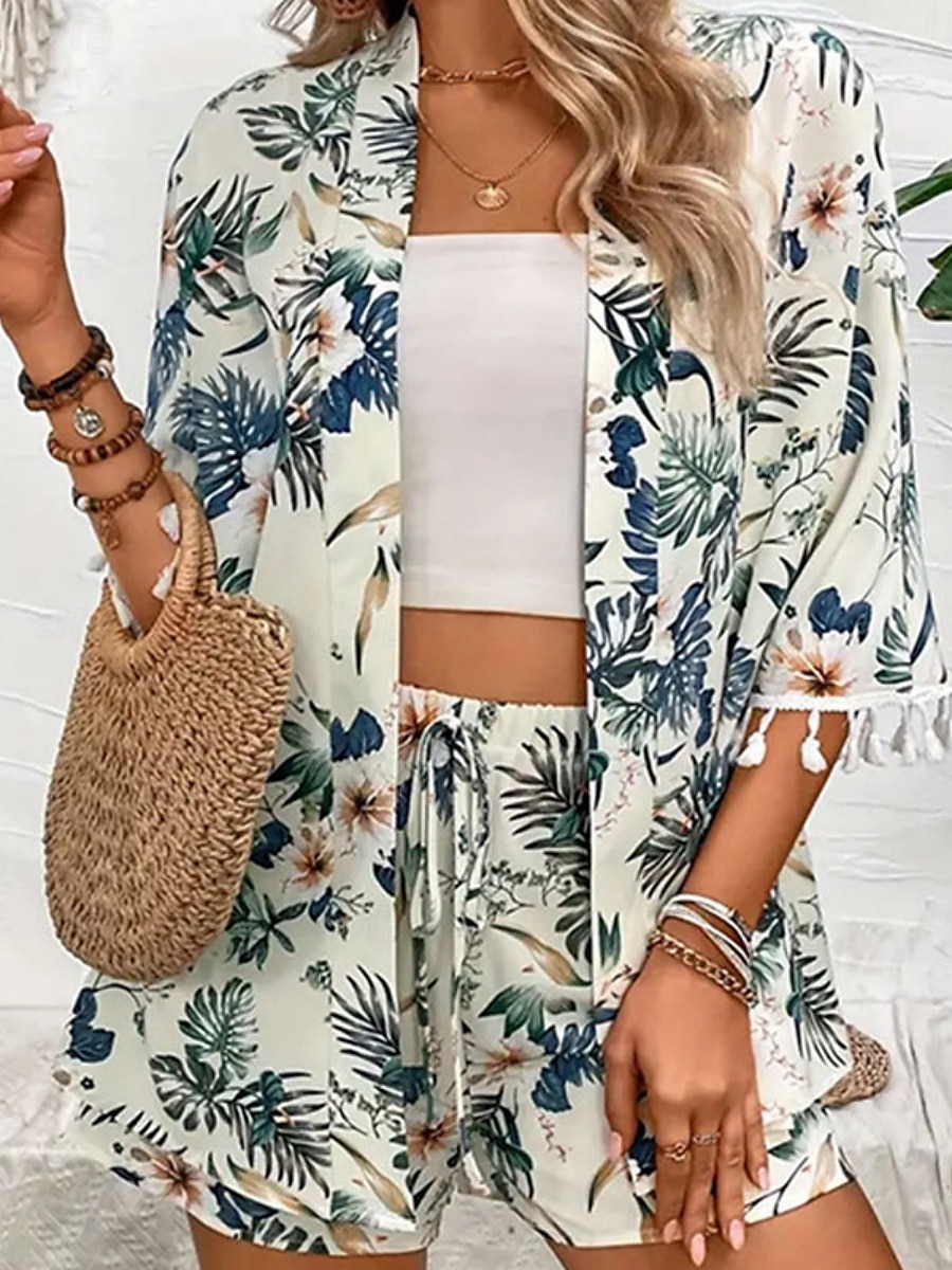 Dam Kostymer Andningsfunktion Bekväm Tofs Mönster Ledigt Blommig Semester Gata Dagliga kläder Utekväll Öppen front Normal Kraglös Normal 3/4 ärm Ytterkläder Vit Sommar Vår 2025 - $26.99 –P5