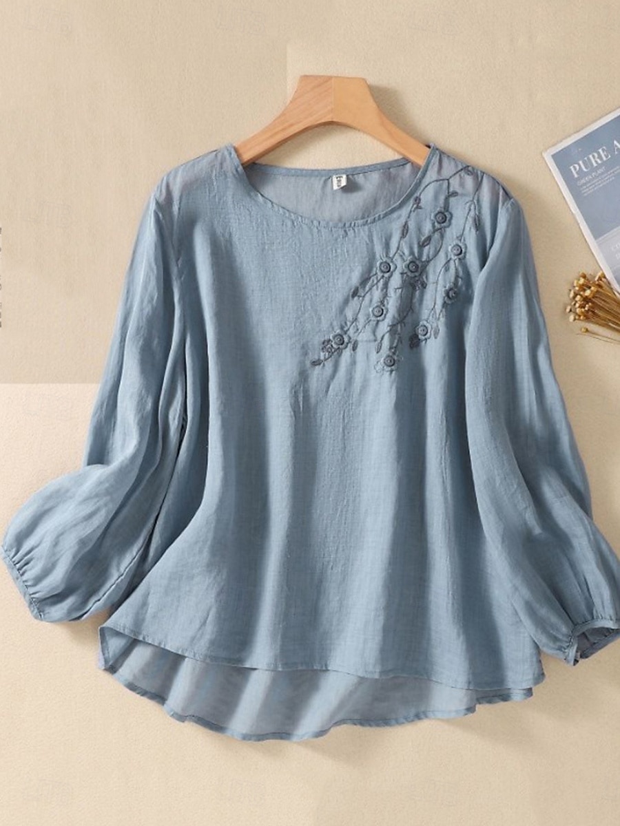 Damen Hemd Leinen-inspirierte Hemden Bluse Blumen Stilvoll Lässig Langarm Rundhalsausschnitt Normale Oberteile Täglich Bestickt Weiß Armeegrün Rote Blau Sommer Frühling Herbst 2025 - $21.99 –P2