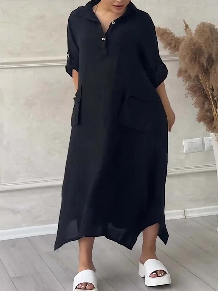 Damen Maxikleid Baumwoll-Leinen-Kleider Freizeitkleid Elegant Stilvoll Basic Urlaub Täglich Lässiger Schnitt Einfach Langarm Hemdkragen Schwarz Weiß Gelb Purpur Frühling Herbst 2025 - $32.99 –P6