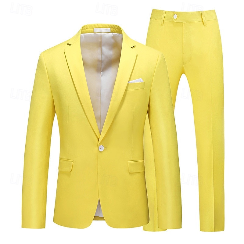 Men's Set Blazer Business Cocktail Party Wedding Party 2 Piece Fashion Casual Spring &  Fall Polyester Solid Color Buttons Pocket Comfortable Single Breasted Blazer Dark Yellow Black White Yellow 2025 - $113.99 –P13