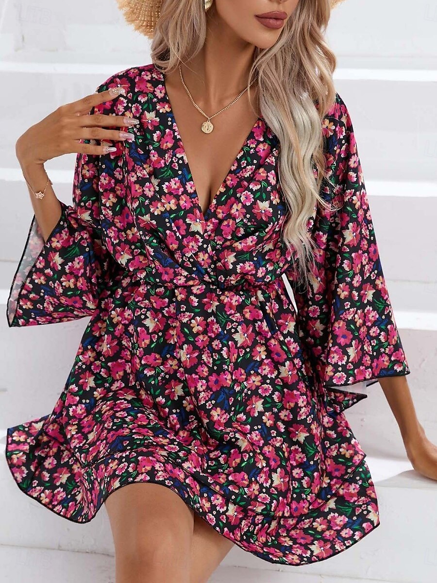 Dames Mini-jurk Casual jurk A lijn jurk Stijlvol Casual Vakantie Dagelijks Normale pasvorm Bloemig 3/4 mouw V-hals Zwart Rood Zomer Lente 2025 - $27.99 –P11