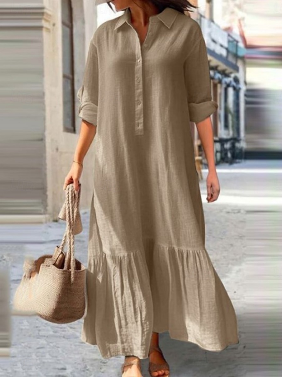 Women's Maxi Dress Cotton Linen Dresses Shirt Dress Casual Dress Basic Casual Vacation Daily Regular Fit Plain Long Sleeve V Neck Pink Green Khaki Dark Blue Summer Spring 2025 - $32.99 –P2