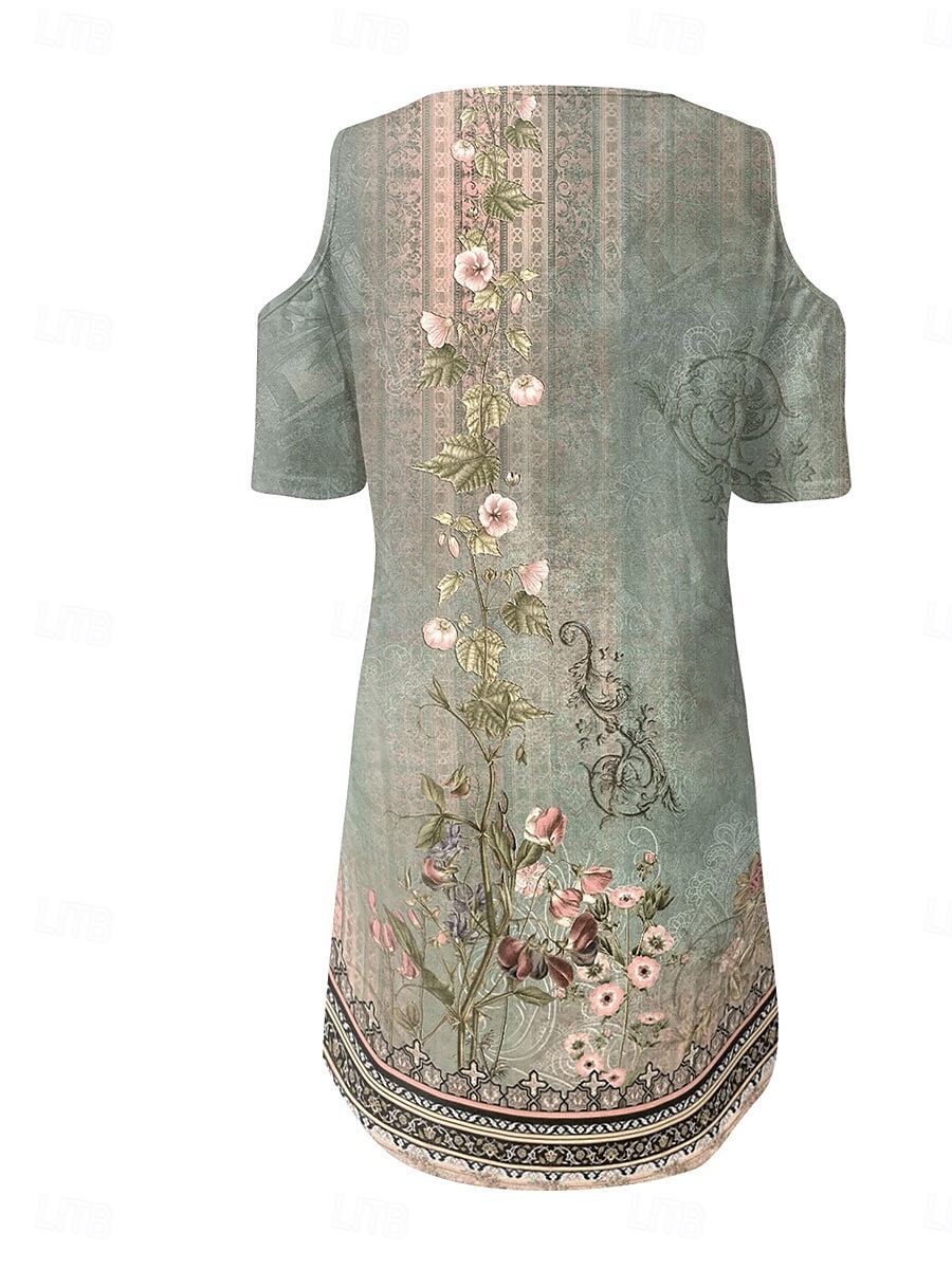 Dame Lang kjole Maxikjole Kjole med A-linje Boho-kjole Elegant Stilfull Fritid Feriereise Daglig Normal Blomstret Kortermet V-hals Rød Blå Lilla Grønn Sommer Vår 2025 - $21.99 –P4