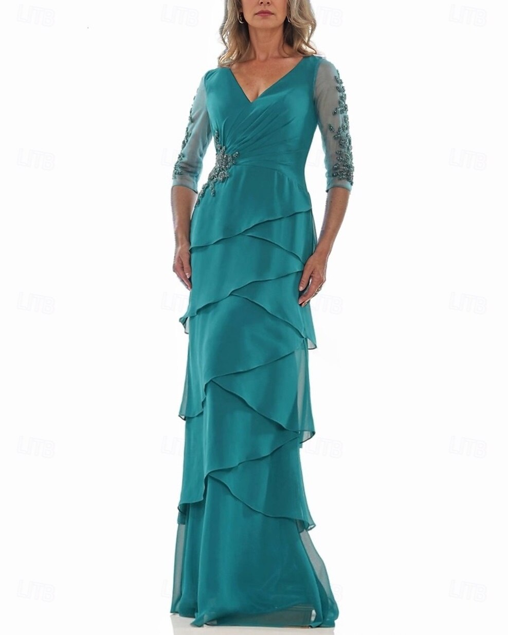 A-Linie Kleid Brautmutterkleid Formell Elegant V Ausschnitt Bodenlang Chiffon Dreiviertelarm mit Stufen Kaskadierende Rüschen Einfarbig 2025 2025 - $161.99 –P1