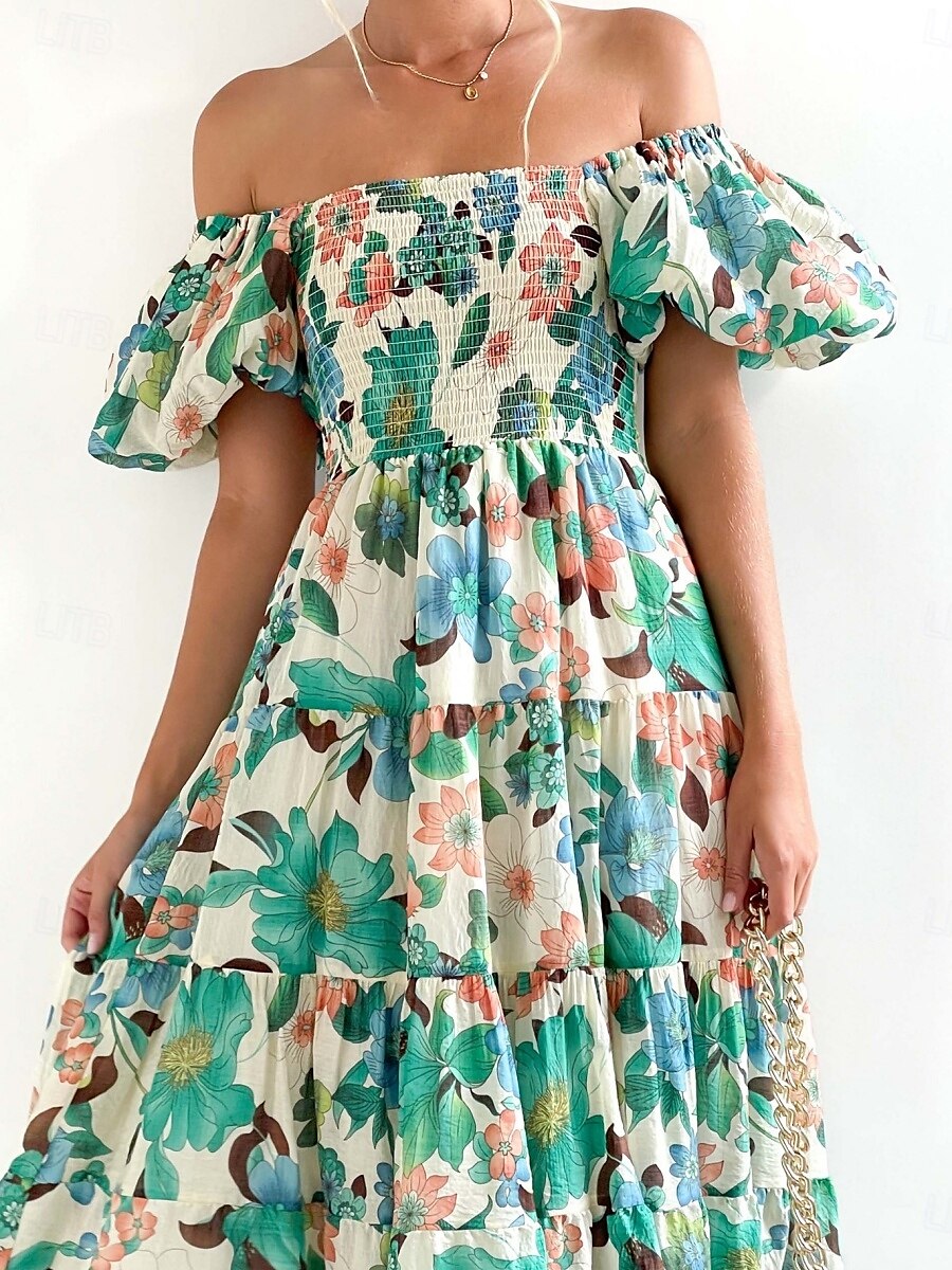 Femme Robe Maxi Robe casual Robe Évasée Robe Trapèze mode Décontractées Vacances du quotidien Standard Floral Manche Courte Epaules Dénudées Bleu Vert Eté de 2025 ? $36.99 –P3