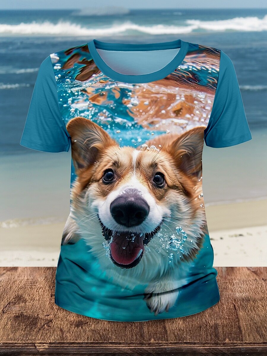 Femme T shirt Animal Chien Décontractées Manche Courte Col Rond Hauts réguliers du quotidien Imprimer Bleu Eté de 2025 ? $19.99 –P3
