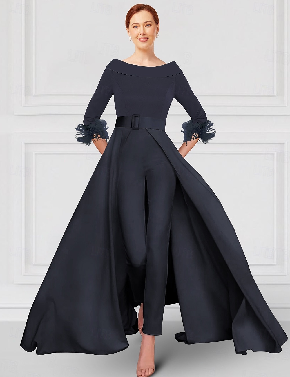 Tuta  Completo Mamma della Sposa Elegante Festa Scollo Rotondo Spalla Scoperta Lunghezza Caviglia Tessuto Elasticizzato Manica 3/4 con Fascia  Nastro in Piume 2025 del 2025 a $169.99 –P1