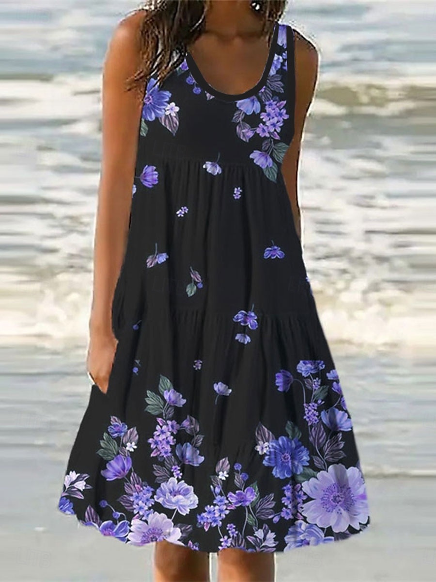 Kvinnors Mini Klänning Petite Klänning Sommarklänning Skift Klänning Volang Klänning Semester Avslappnad Utomhus Semester Dags Regular Fit Blommig Ärmlös U-Hals Blå Lila Fuchsia Grön Sommar Vår 2025 - $28.99 –P1