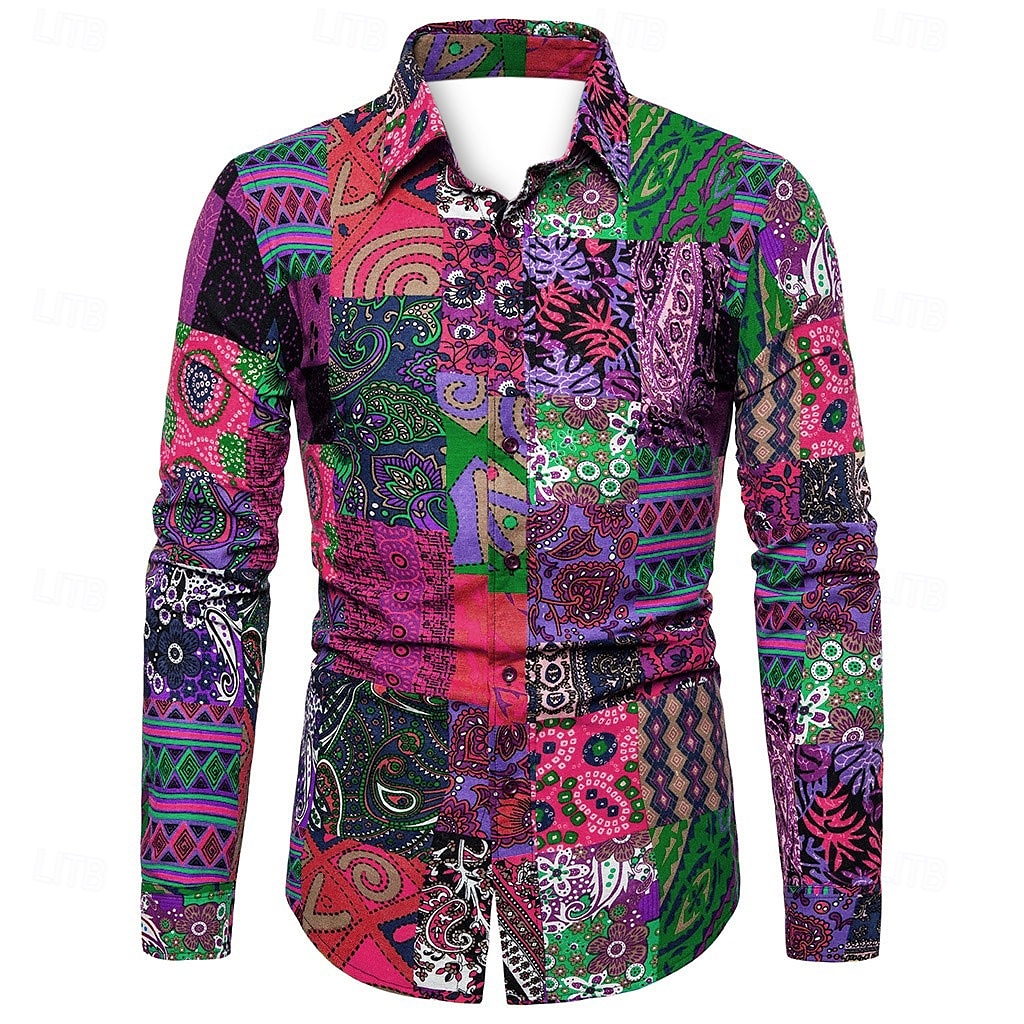 Herren Geometrisch Hemd Boho-Hemd Knopfhemd Langarm Designer Boho Party Kragen Hemdkragen Druck Schwarz Rosa Purpur Grün 2025 - $24.99 –P4