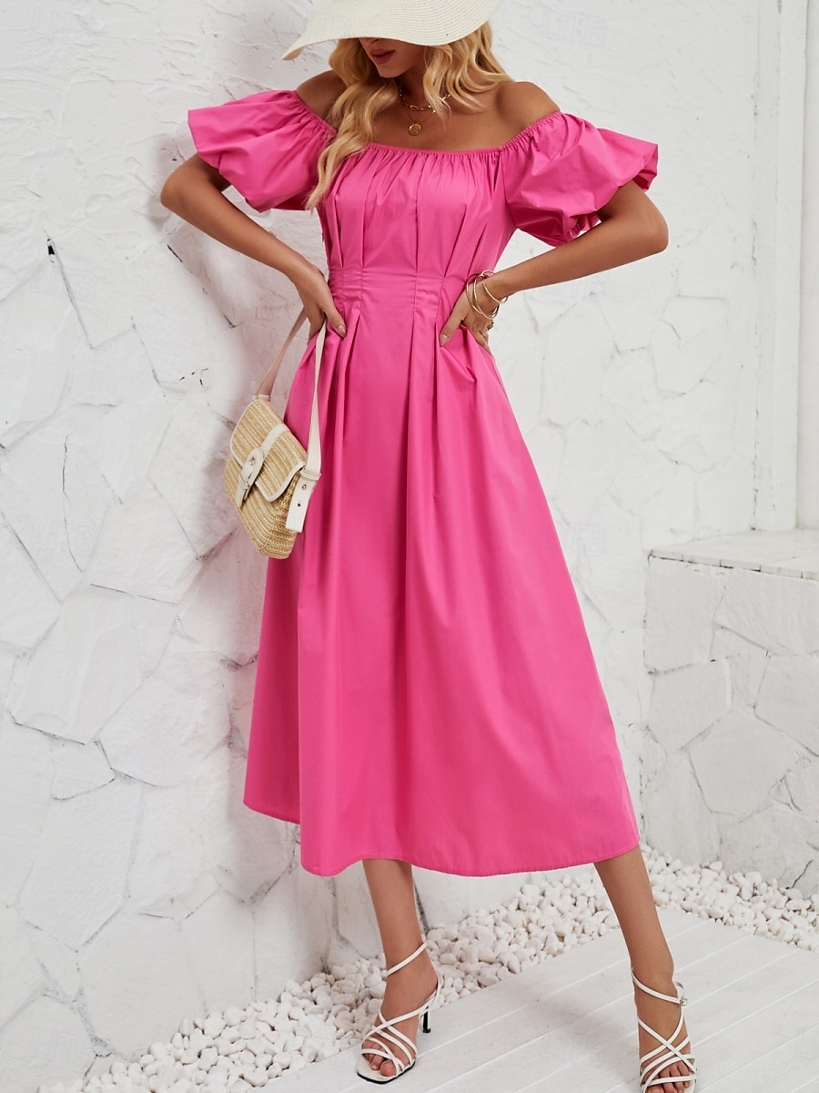 Femme Robe mi-longue Robe casual Robe Évasée Robe Trapèze Elégant mode Décontractées Vacances du quotidien Standard Plein Manche Courte Epaules Dénudées Rose Claire Orange Eté Printemps de 2025 ? $34.99 –P3