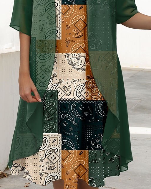 Women's Graduation Dress Midi Dress Two Piece Dress Set Shift Dress Chiffon Dress Elegant Vintage Paisley Color Block Print Half Sleeve Crew Neck Daily Dark Green Summer Spring Loose Fit 2025 - $36.99 –P3