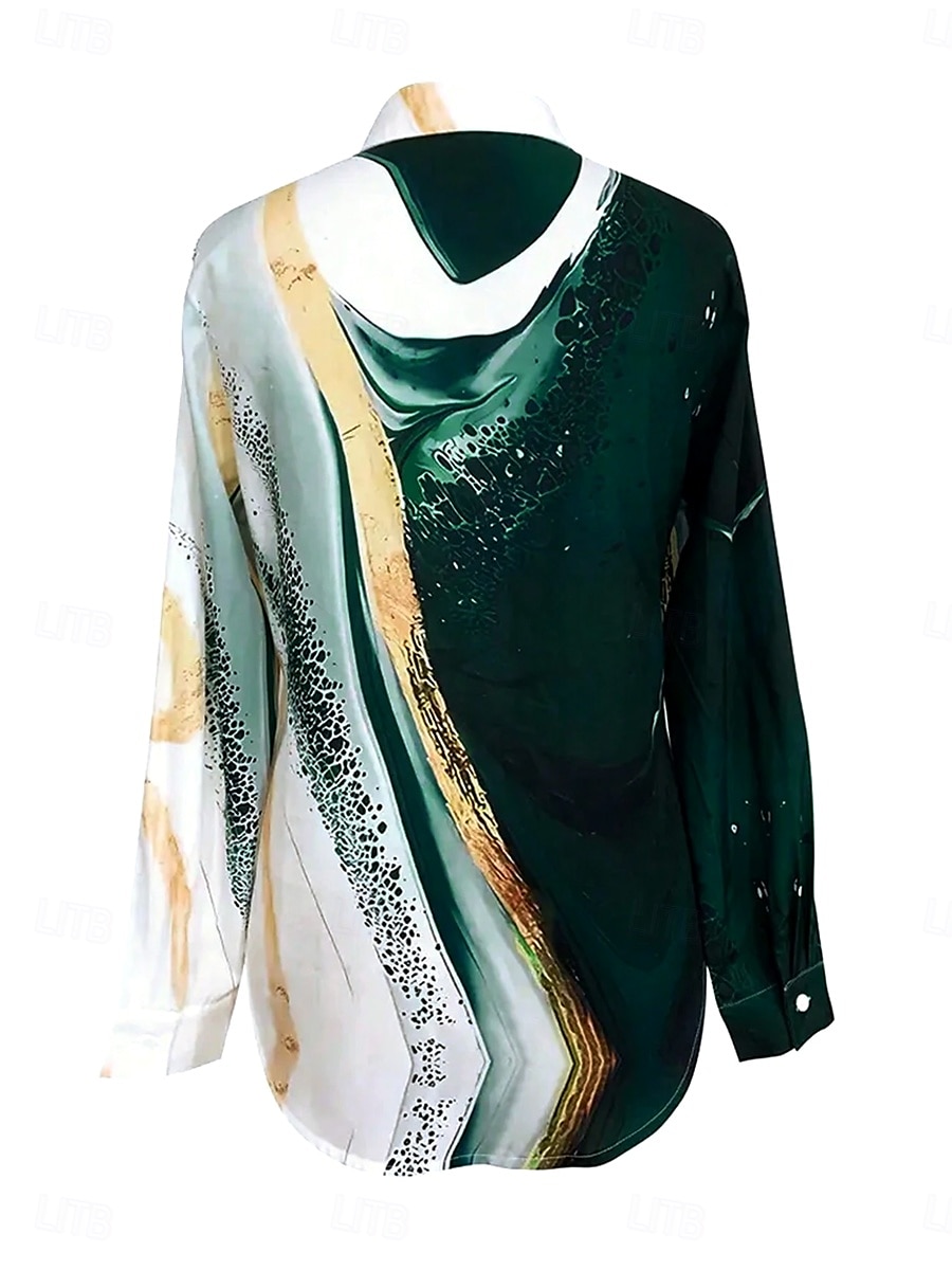 Camicia da donna a maniche lunghe blusa con bottoni grafica ombre marmo quotidiana alla moda colletto camicia lunghe tops quotidiani bottoni stampa verde estate primavera del 2025 a $32.99 –P2