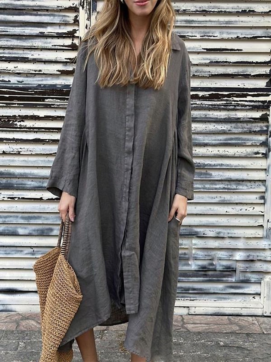 Damen Maxikleid Baumwoll-Leinen-Kleider Hemdblusenkleid Freizeitkleid Maxikleid aus Baumwolle Basic Lässig Urlaub Täglich Normale Passform Einfach Langarm Hemdkragen Dunkelgrün Aprikose Grau Sommer 2025 - $38.99 –P2