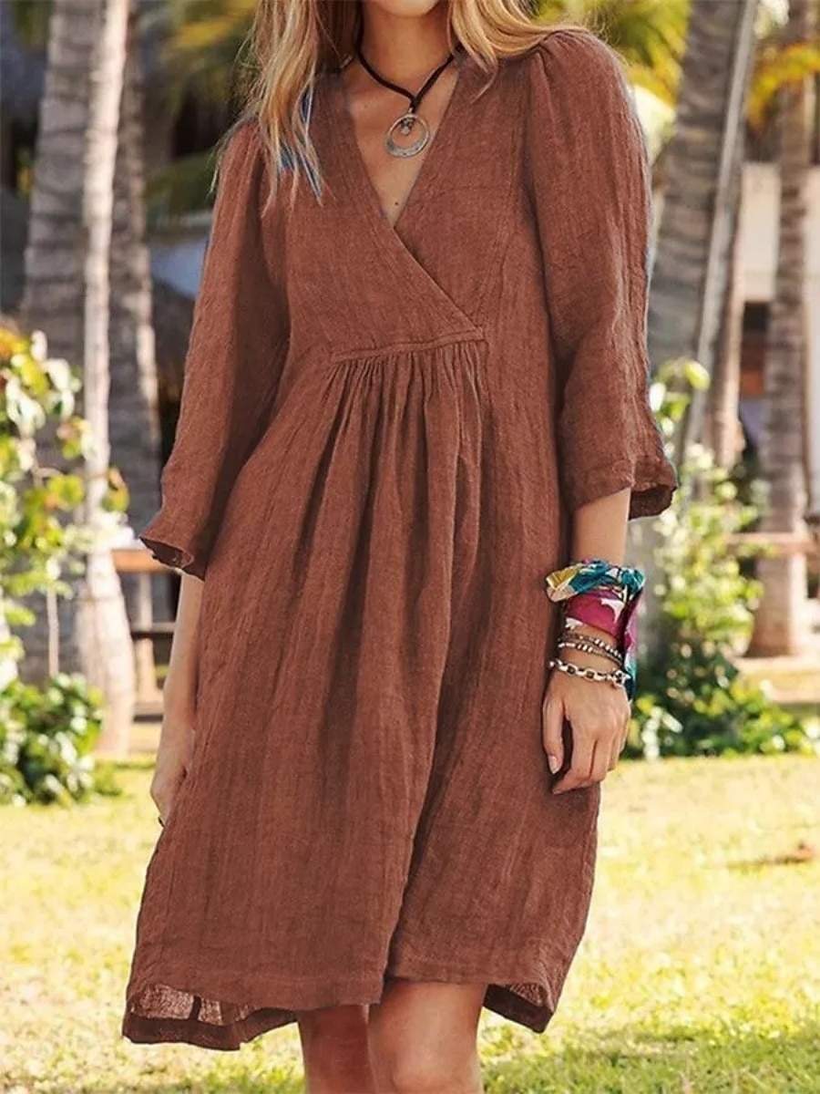 Per donna Mini Abito Abiti in cotone e lino Vestito Casual Essenziale Casual Vacanza Quotidiano Vestibilità regolare Semplice Manica 3/4 Scollo a V Bianco Blu Marrone Grigio Estate del 2025 a $26.99 –P3