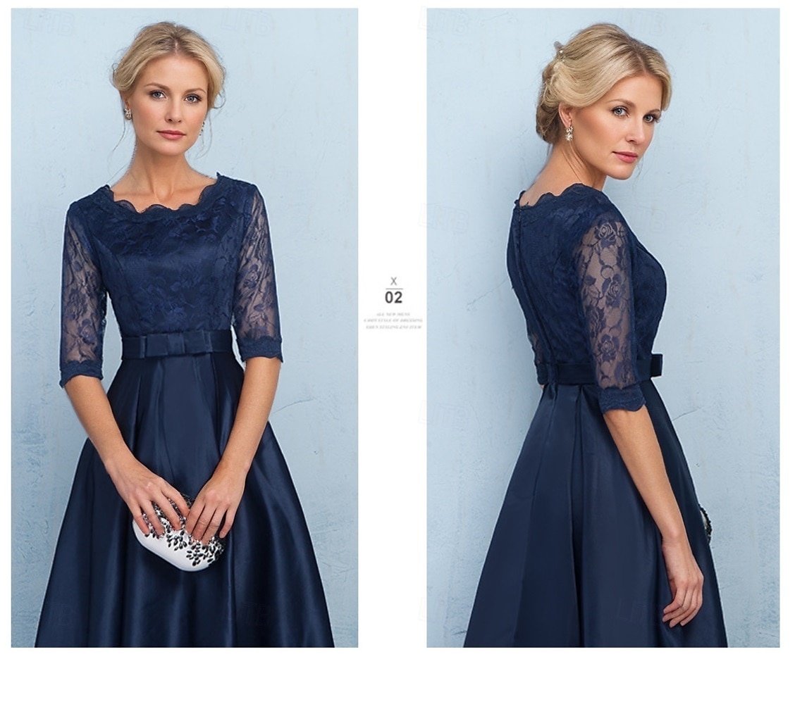 A-linjead klänning brudmodersklänning formell elegant enkel juvelringning ankarlängd té längd satin halvlång ärm med spets rosett/rosetter blomma derby klänning tävlingsdag klänning 2025 2025 - $108.99 –P2