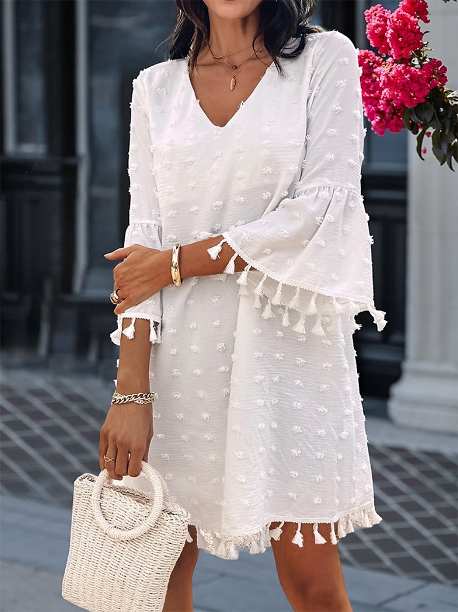 Damen Minikleid Weißes Kleid Brautkleider schlicht Ausgestellter Ärmel Urlaub Täglich Lockere Passform 3/4 Ärmel V Ausschnitt Weiß Hellgrün Sommer 2025 - $31.99 –P5