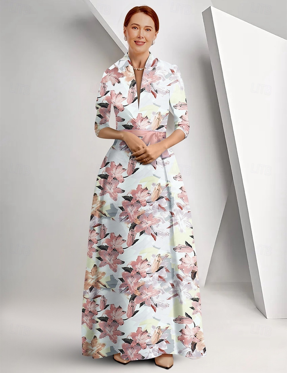 Sukienka matki panny młodej w stylu A-line elegancki nadruk kwiatowy królowa Anna długość do ziemi satynowe rękaw 3/4 z sukienką na dzień wyścigów sukienka dla gości weselnych 2025 - $185.99 –P1