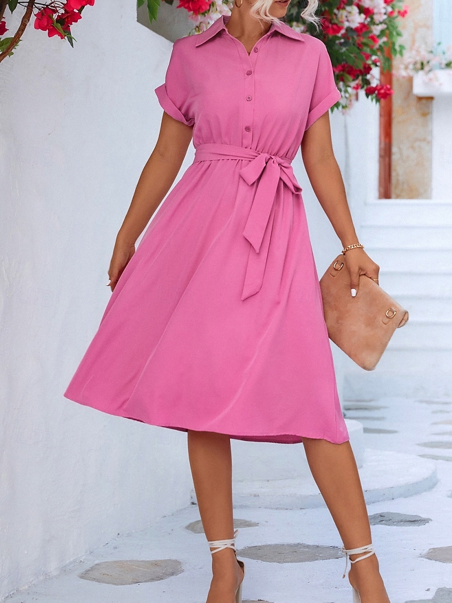Damen Midikleid blusenkleid Casual kleid A Linie Kleid Stilvoll Ausgefallene Arbeit Täglich Regular Fit Glatt Kurzarm Hemdkragen Rosa Grün Sommer Frühling 2025 - AU $43.59 –P1