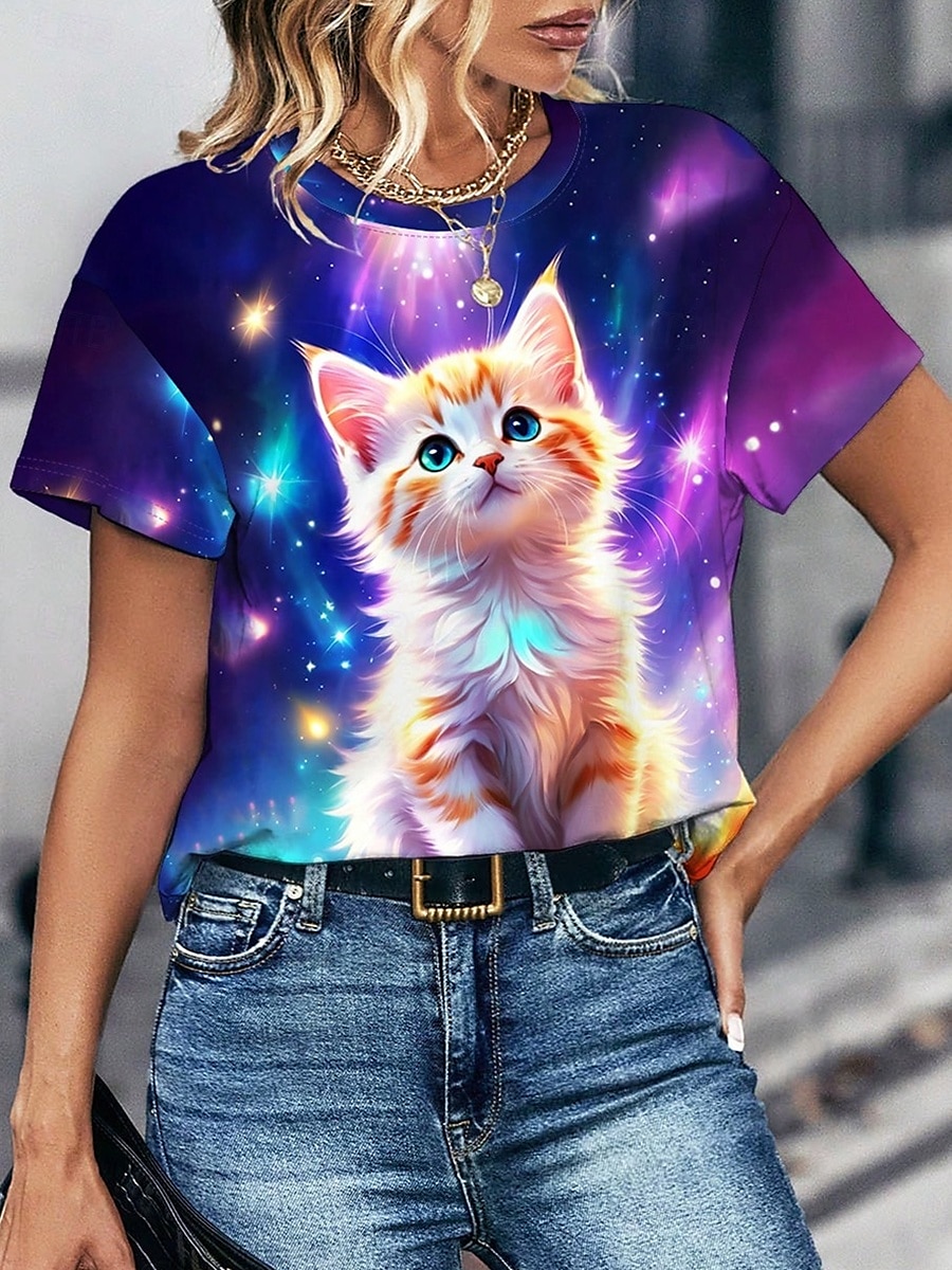 Dame T skjorte Katt Fritid Kortermet Rund hals Vanlige topper Daglig Trykt mønster Lilla Sommer 2025 - $19.99 –P3
