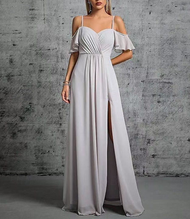 A-Line Bridesmaid Dress V Neck / Sweetheart / Spaghetti Strap Short Sleeve Elegant Floor Length Chiffon / Spandex with Ruffles / Draping / Ruching 2025 - $162.99 –P1