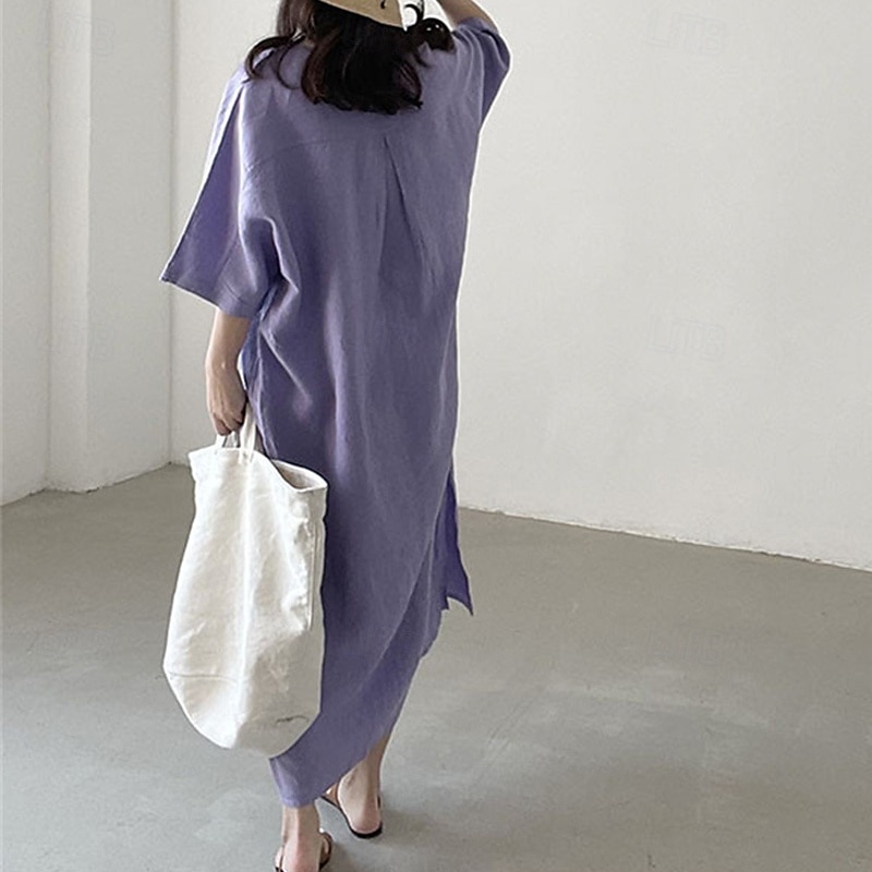 Women's Long Dress Maxi Dress Linen-Inspired Dresses Casual Dress Stylish Ethnic Casual Vacation Daily Date Regular Fit Plain Half Sleeve V Neck Purple Summer Spring 2025 - $28.99 –P3