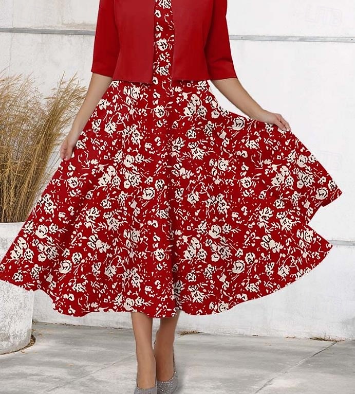 Robe Midi Femme Robe Décontractée Robe en Chiffon Robe Évasée Élégante Rendez-vous Coupe Régulière Fleurie Manches Mi-longues Col V Rouge Printemps de 2025 ? $36.99 –P3