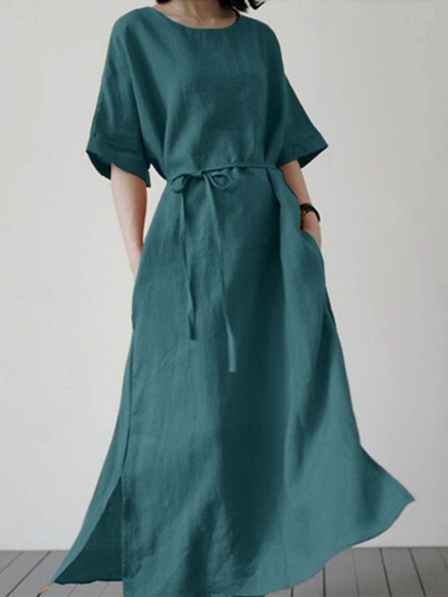 Per donna Mini Abito Abiti in cotone e lino Vestito Casual Essenziale Casual Vacanza Quotidiano Vestibilità regolare Semplice Mezza Manica Girocollo Nero Giallo Blu Estate del 2025 a $22.99 –P4