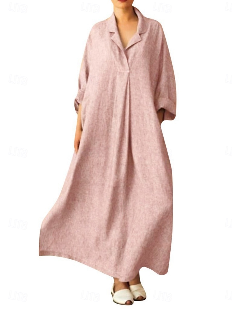 Per donna Abito maxi Abiti in cotone e lino Abito Camicia Vestito Casual Essenziale Casual Vacanza Quotidiano Vestibilità regolare Semplice Manica 3/4 Colletto a Camicia Nero Rosa Estate del 2025 a $26.99 –P2