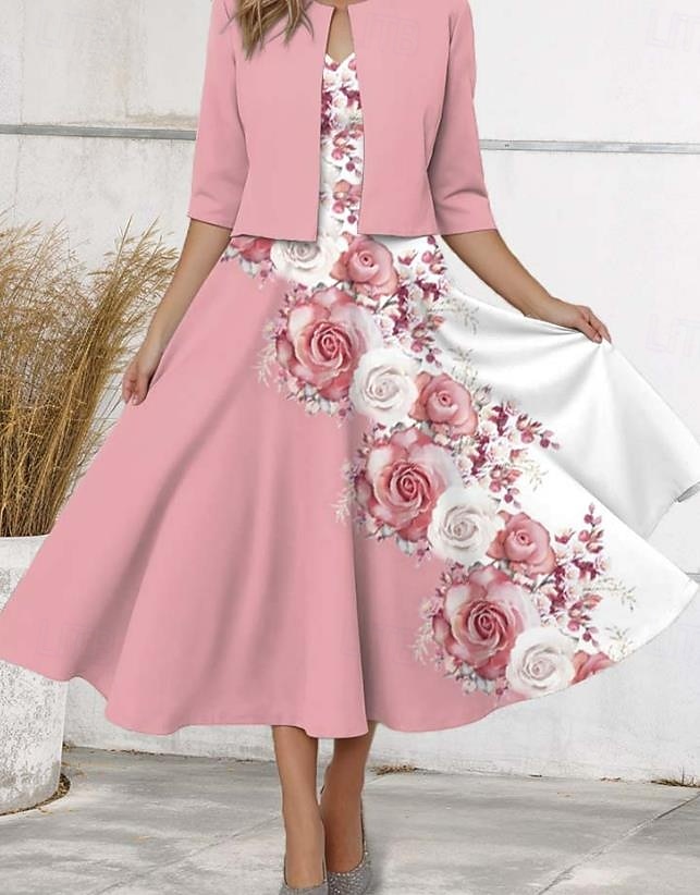 Kvinnors Midi Klänning Casual Klänning Chiffon Klänning Swing Klänning Elegant Blommig Midi Klänning Halv Ärmar V-ringad Tryck Regular Fit Dejtdatum Rosa Vår 2025 - $39.99 –P3