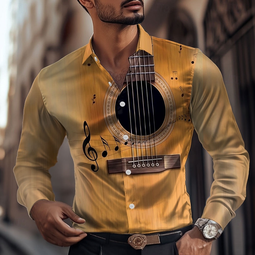 Męskie Gitara Instrument muzyczny Satynowa koszula Koszule eleganckie Zapinana na guziki koszula Długi rękaw Moda na co dzień Urlop Codzienny Wieczorna impreza Lato Wiosna Jesień Wieczorne Koszule z 2026 - $29.99 –P1