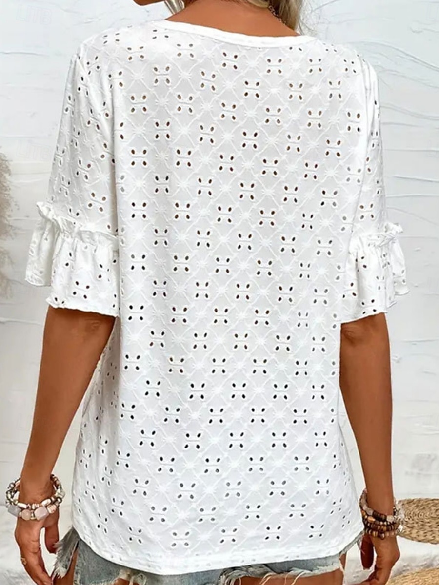 Women's White Elegant Lace Tops Eyelet Blouse Casual Plain Regular Tops Half Sleeve V Neck Eyelet Regular Fit Daily Weekend Romantic Petite Tops Summer Holiday Wear White Summer Spring 2025 - $21.99 –P2