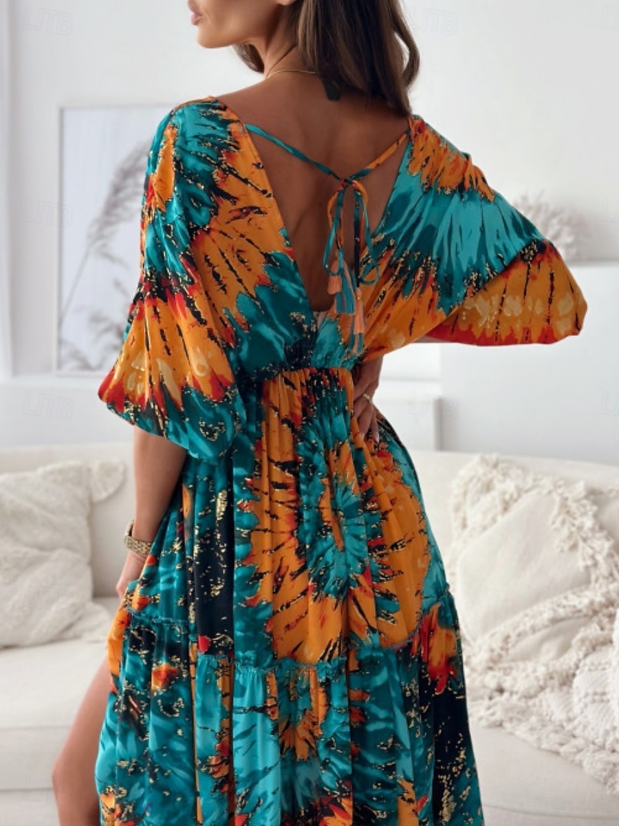 Dame Maxikjole Uformell kjole Swingkjole Boho elegante kjoler Bohem Fritid Feriereise Daglig Løstsittende Blomstret Batikkfarget 3/4 ermer V-hals Lys Lilla Grønn Sommer Vår 2025 - $33.99 –P3