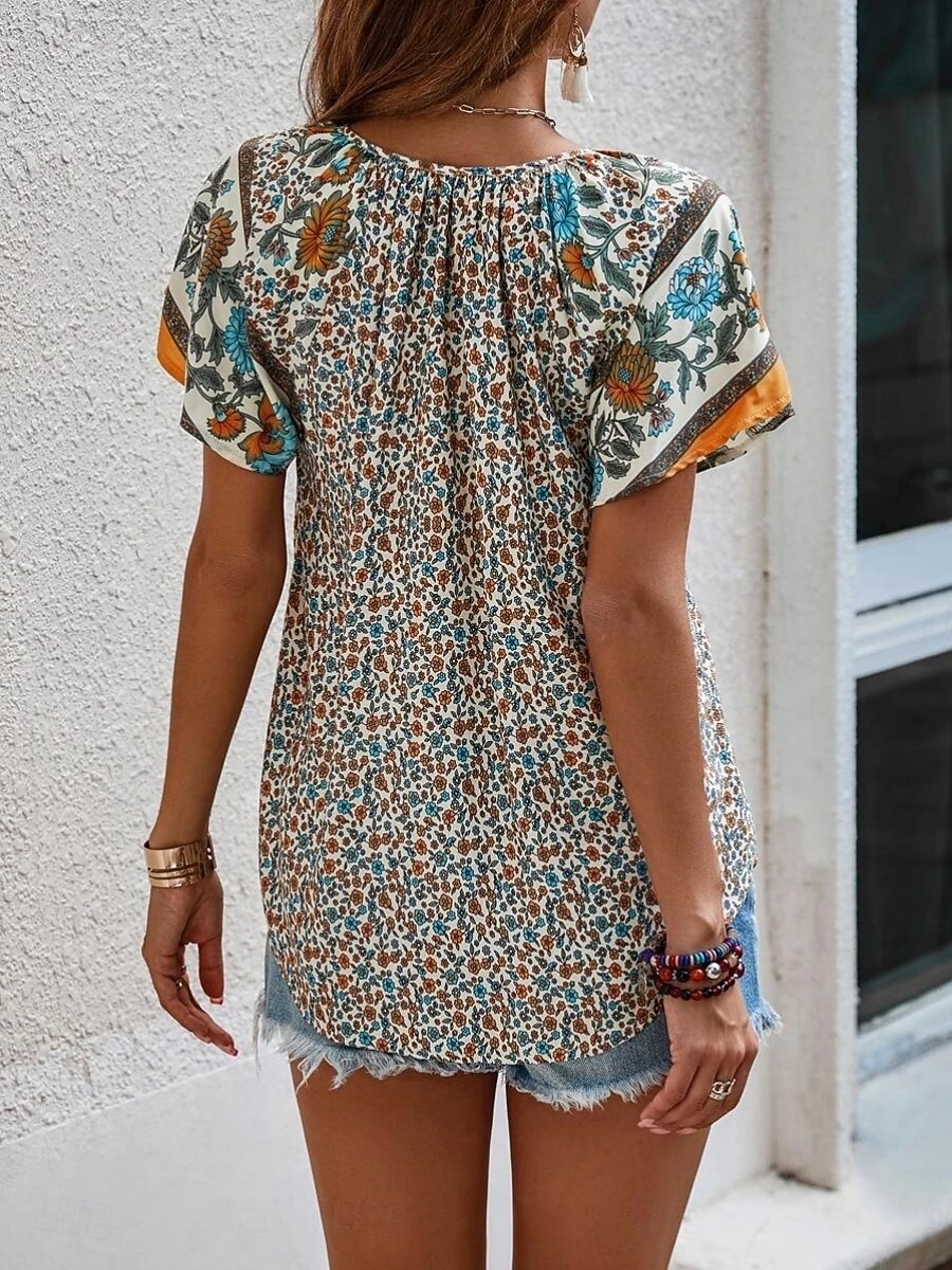 Damen Bluse Druck Blumen Bohemien Vintage Lässig Kurzarm V Ausschnitt Normale Oberteile Täglich Ferien Ausgehen Blau Rote Braun Aprikose Sommer Frühling 2026 - $27.99 –P9