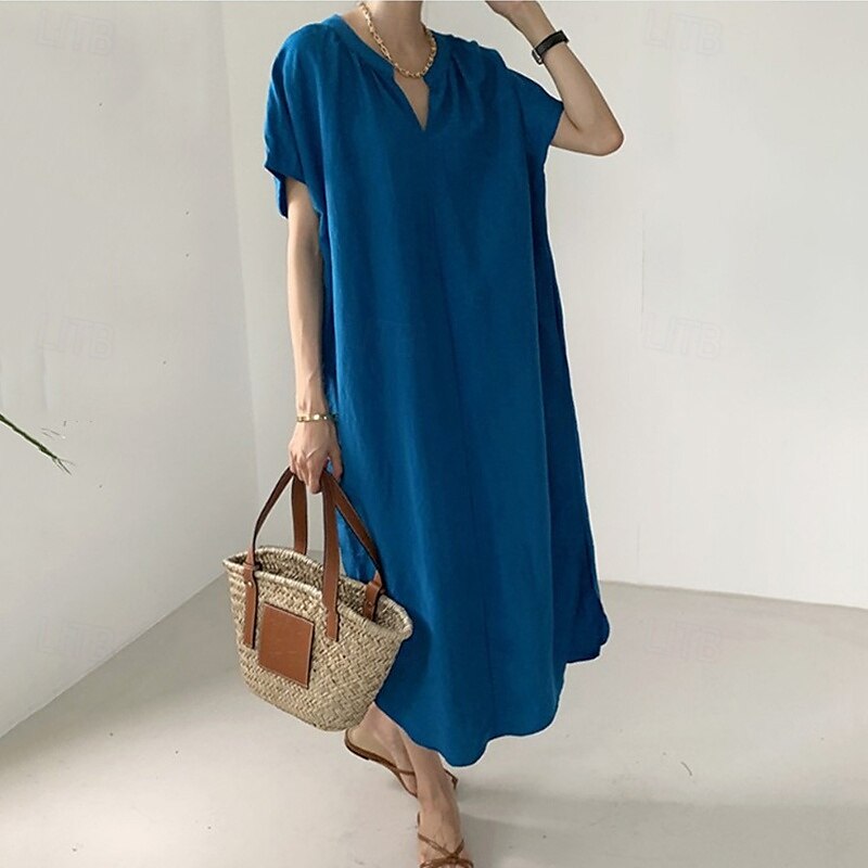 Per donna Abito Lungo Maxi Abito Abiti ispirati al lino Vestito Casual Abito in cotone e lino Elegante Casual Vacanza Quotidiano Data Vestibilità regolare Semplice Manica Corta Scollo a V Blu Estate del 2025 a $26.99 –P2