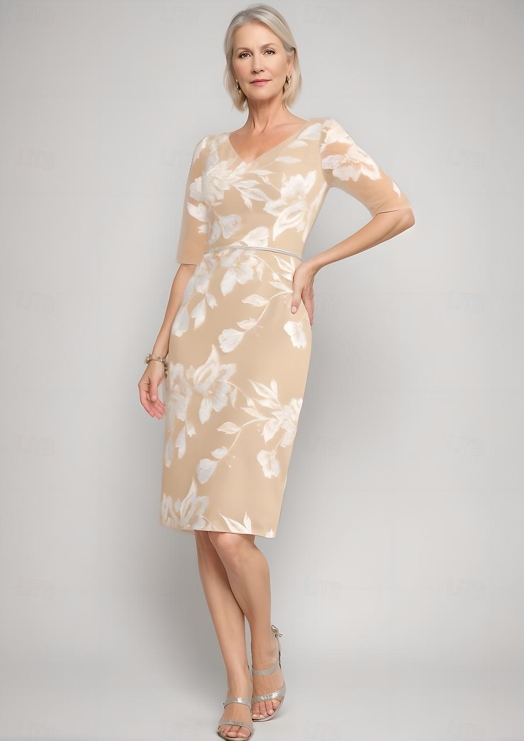 Robe mère de la mariée deux pièces robe fourreau  colonne élégante vintage col en V longueur thé chiffon dentelle florale appliquée à manches 3/4 avec veste ruchée robe de jour de course de 2025 ? $135.99 –P8